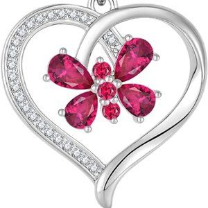 Heart Butterfly Necklace 925 Sterling Silver Pendant Created Ruby Gemstone